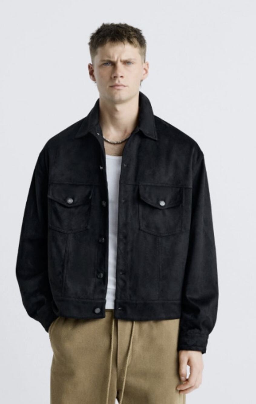 Zara Men's Large Black Faux Suede Button Closure Trucker Jacket HR10-12